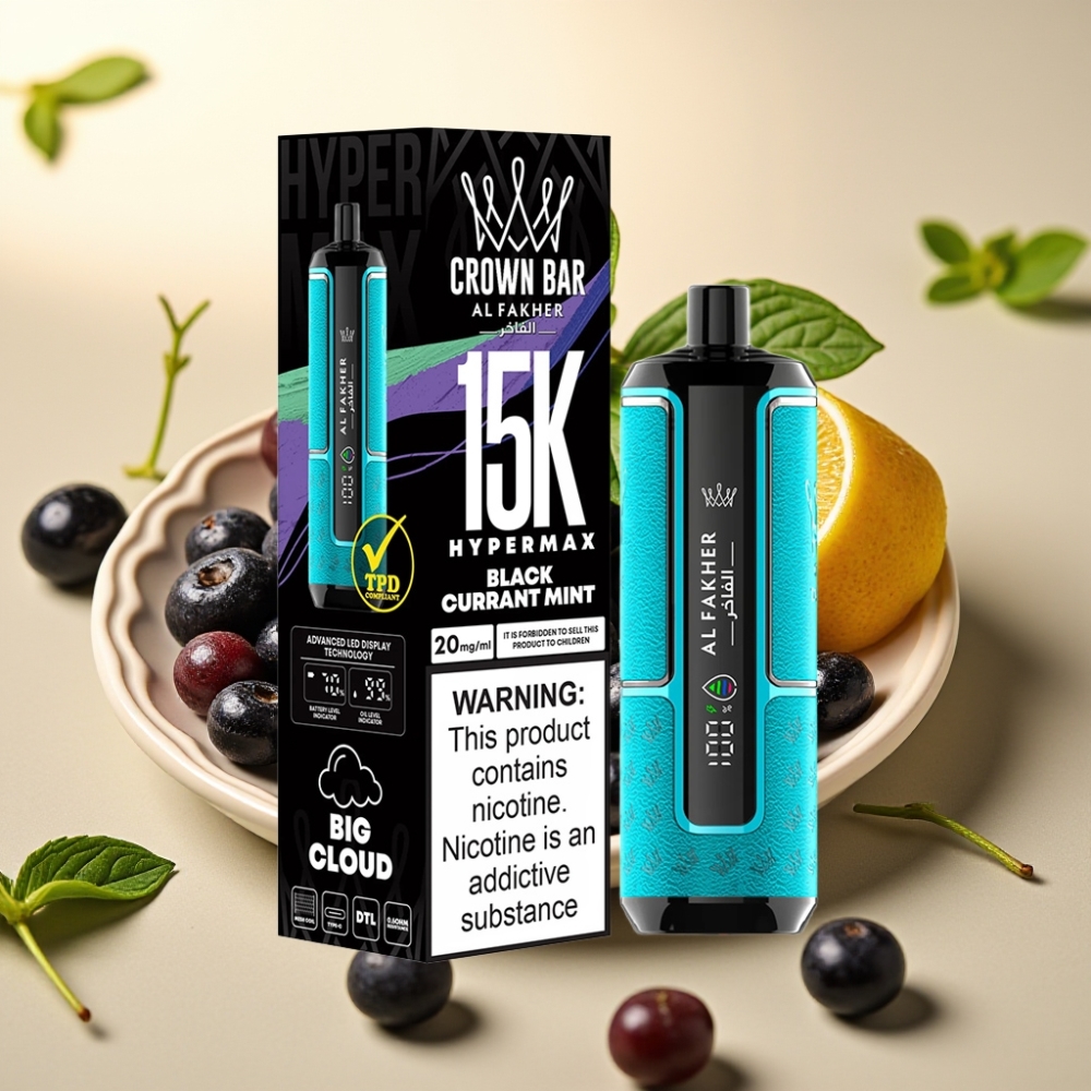 Al Fakher Crown Bar 15K Hypermax Jednokratna Vape Kit 22ml 600mAh Type-C Crna Ribica Metvica