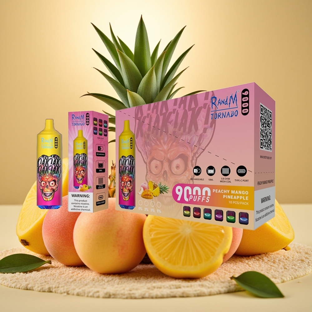 RandM Tornado 9000 Pufova 850 mAh Punljiva 18 mL Mrežasti Zavoj RGB Ekran Breskva Mango Ananas