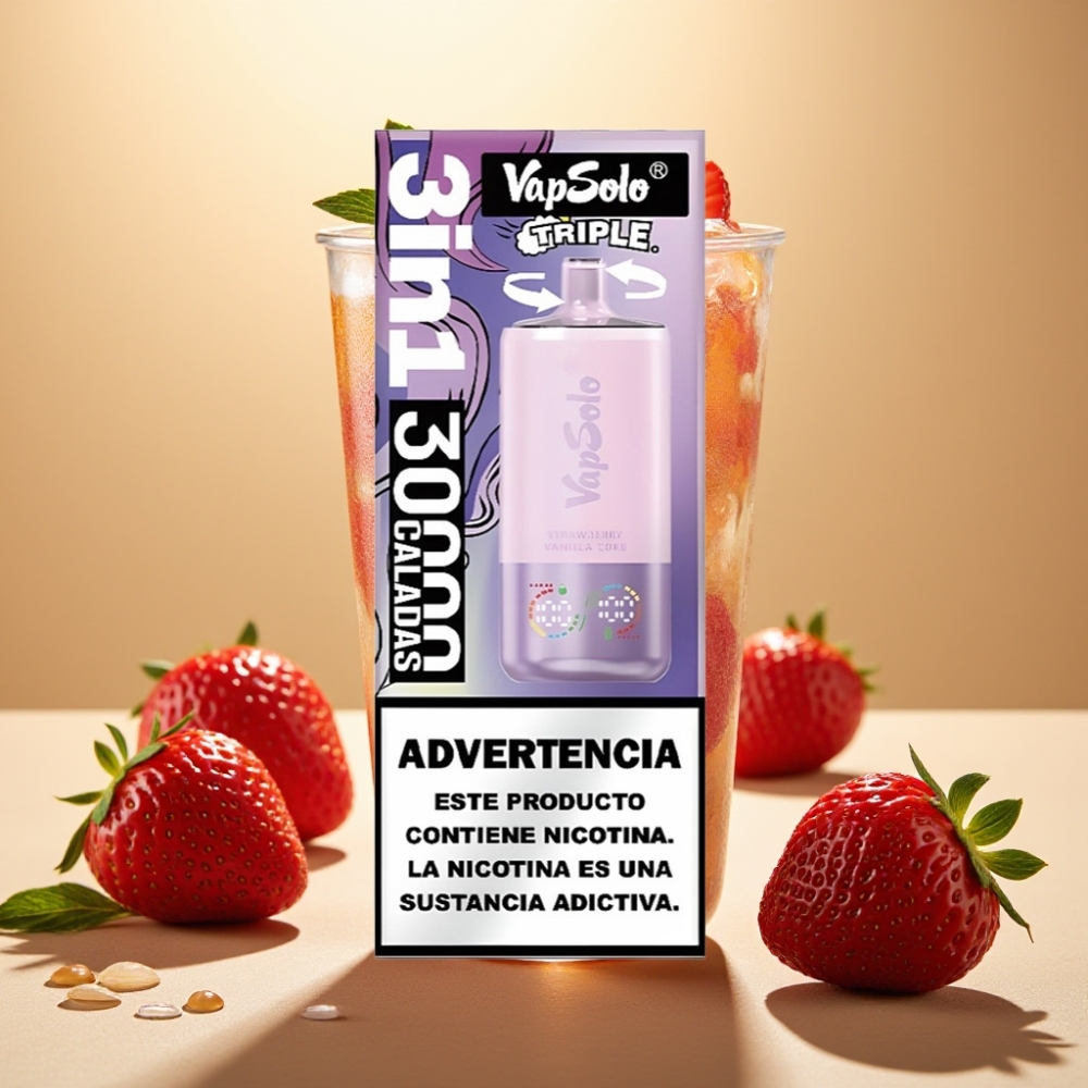 VapSolo Triple 30000 Puffs 40ml 20/50mg/jaglica Type-C Jagoda-Vanila Kola