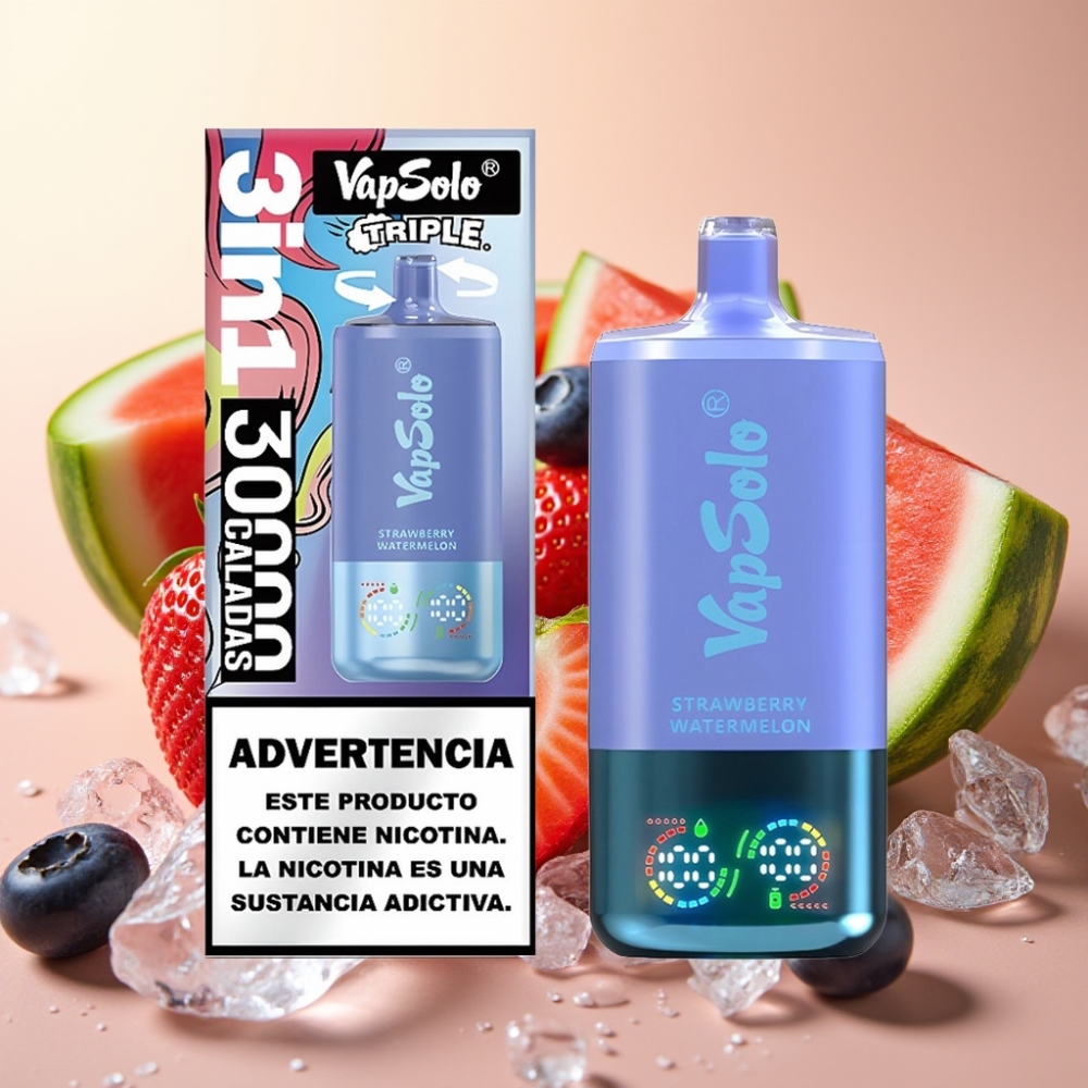 VapSolo Triple 30000 Puffs 40ml Type-C Jagoda Lubenica  Borovnica Led