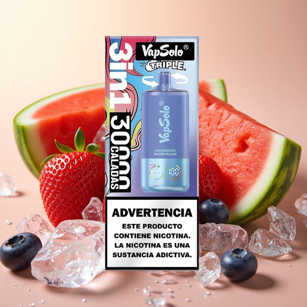 VapSolo Triple 30000 Puffs 40ml Type-C Jagoda Lubenica  Borovnica Led
